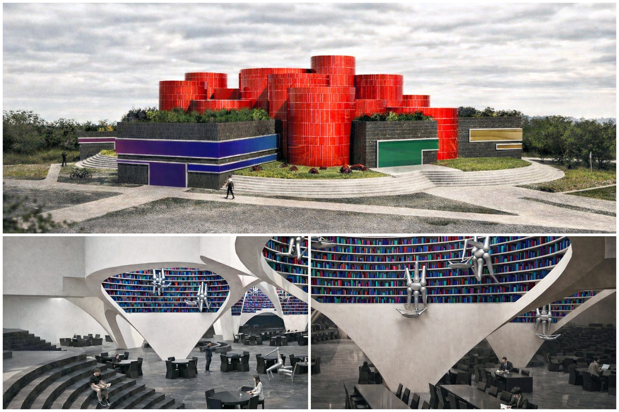 Gwangju Main Library renders: red ceramic tower cluster exte